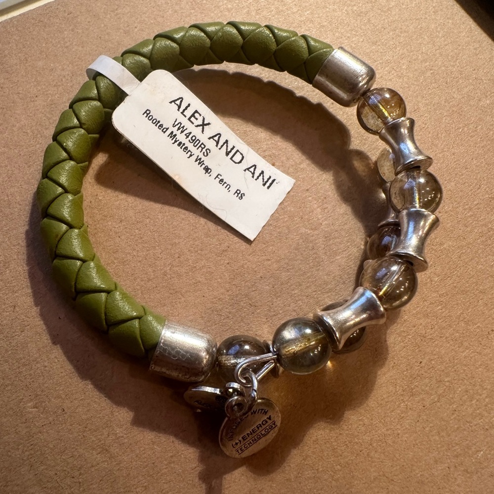 Alex and Ani Vintage Sixty-Six Olive Braided Leather Wrap Bracelet w/ Silver